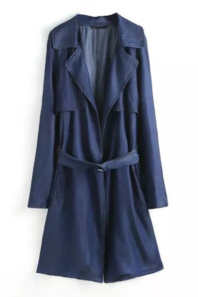 Blue Notched Lapel Belted Tunic Denim Coat