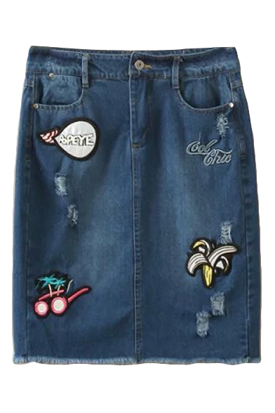 Cartoon Applique Pockets Ripped Denim Pencil Skirt