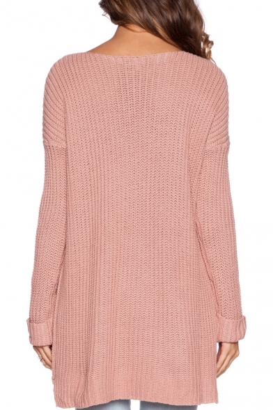 Pink Scoop Neck Long Sleeve Tunic Sweater