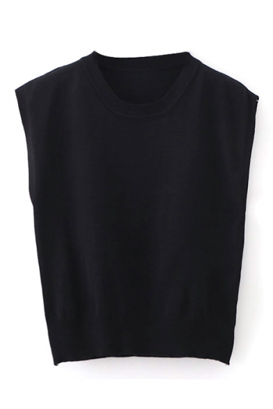 Plain Round Neck Sleeveless Crop Knitted Sweater - Beautifulhalo.com