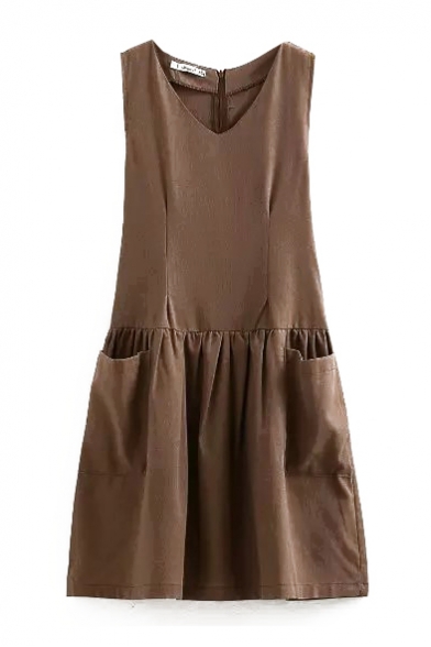 Plain V-Neck Sleeveless Double Pocket Linen Dress