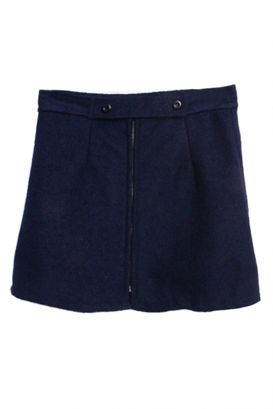 Plain Zip Front Tweed A-Line Mini Skirt