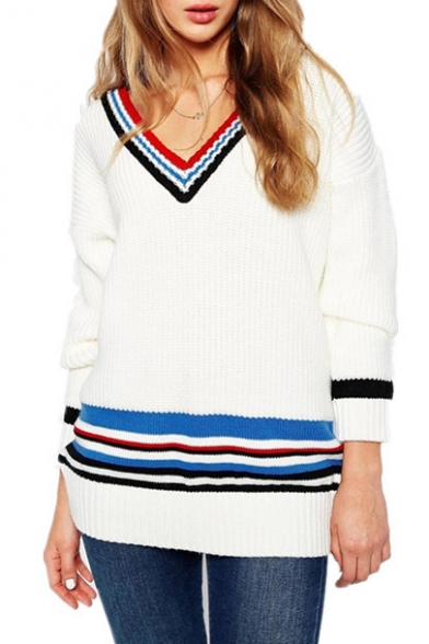 White Striped V-Neck Long Sleeve Loose Sweater