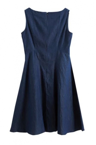 Blue Boat Neck Sleeveless Flared Denim Dress - Beautifulhalo.com