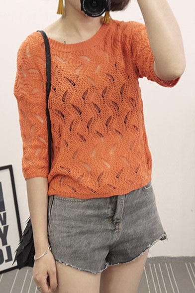 Plain Cutout Round Neck Half Sleeve Knitted Sweater
