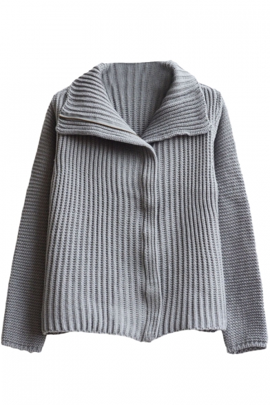 Plain Lapel Zip Front Long Sleeve Knit Cardigan