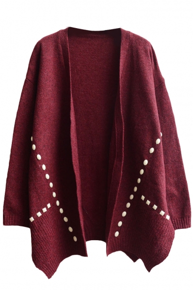 Plain V-Neck Beaded Long Sleeve Knit Cardigan - Beautifulhalo.com