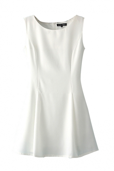Plain Round Neck Sleeveless Flared Dress - Beautifulhalo.com