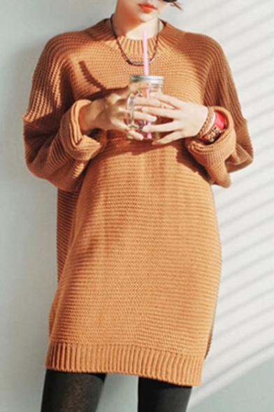 Brown Round Neck Long Sleeve Hollow Back Sweater