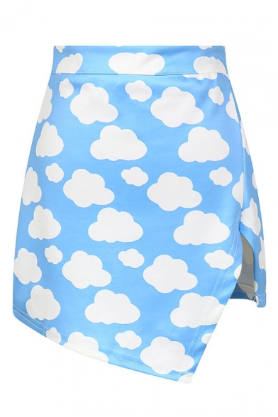 Cloud Print Zip Back Slit Wrap Mini Skirt