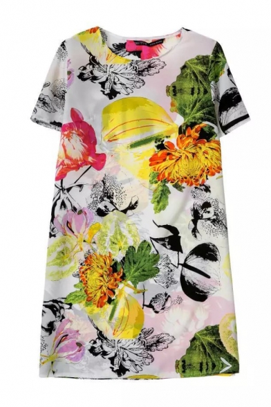 Floral Ink Print Round Neck Short Sleeve Shift Dress - Beautifulhalo.com