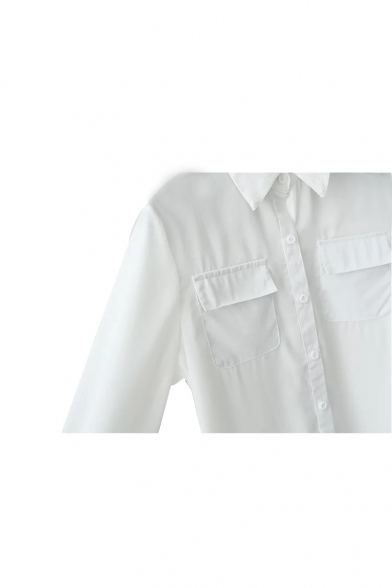 Plain Lapel Double Pocket Chiffon Tunic Shirt