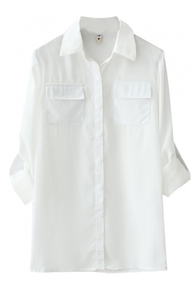 Plain Lapel Double Pocket Chiffon Tunic Shirt