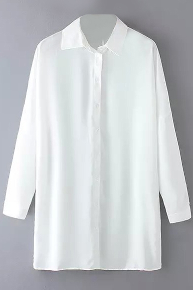 Plain Lapel Long Sleeve Chiffon Tunic Shirt