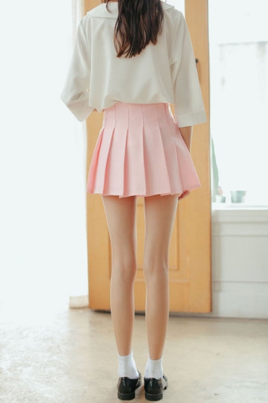 Plain Zip Back Pleated A-Line Mini Skirt