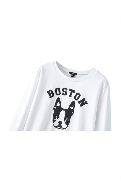 White Long Sleeve Dog Letter Print Fitted Sweatshirt