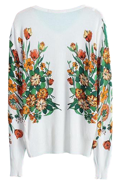 White Long Sleeve Floral Print Round Neck Cardigan - Beautifulhalo.com