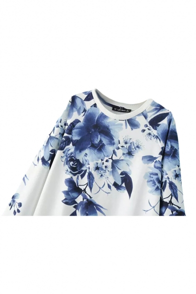 White Round Neck Floral Print Raglan Sleeve Sweatshirt