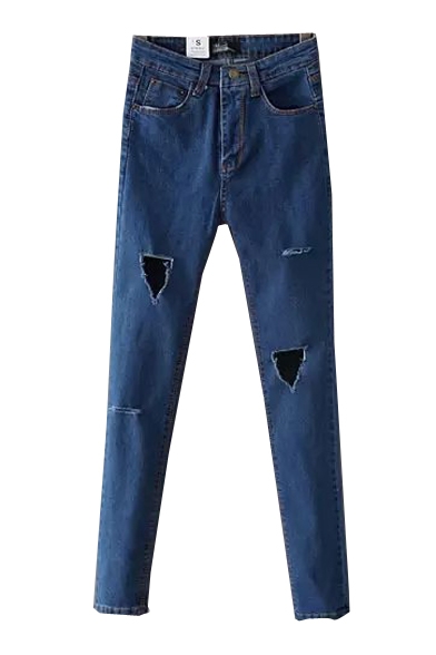 Blue High Waist Elastic Ripped Skinny Jeans