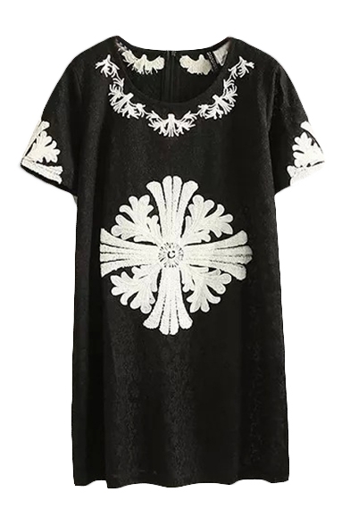 Floral Embroidery Round Neck Short Sleeve Lace Shift Dress