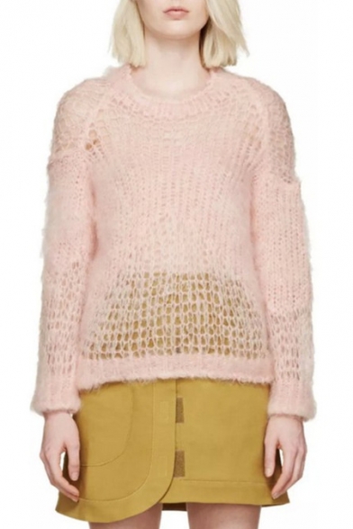 Pink Round Neck Long Sleeve Cutout Loose Sweater