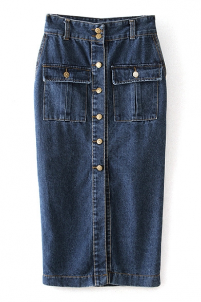 Plain High Waist Button Pockets Denim Pencil Maxi Skirt