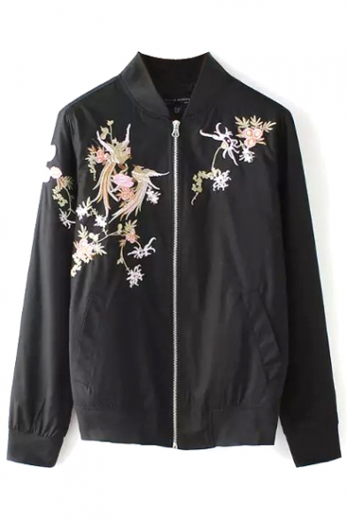 Black Embroidered Floral Stand Collar Jacket