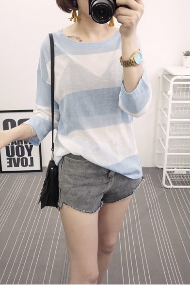 Striped Sheer Long Sleeve Loose Knitted Sweater