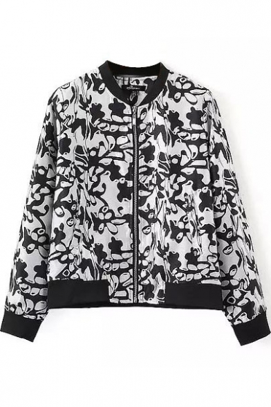 Abstract Print Stand Collar Long Sleeve Coat