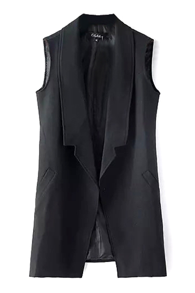 Black Notched Lapel Sleeveless Tunic Vest