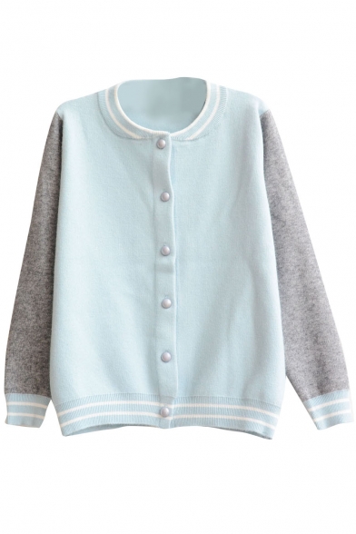 Color Block Round Collar Pearl Button Long Sleeve Knit Cardigan