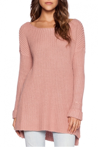 Pink Scoop Neck Long Sleeve Tunic Sweater