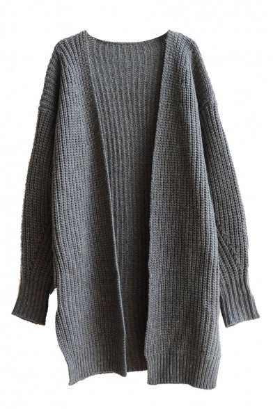 Plain V-Neck Open Front Long Sleeve Knit Cardigan