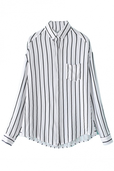 White Background Stripe Lapel Single Pocket Long Sleeve Boyfriend Shirt ...