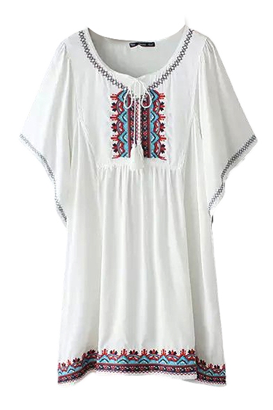 Tribal Embroidery Round Neck Tie Front Batwing Sleeve Dress