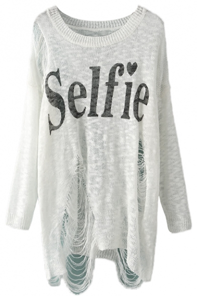 White Selfie Print Round Neck Long Sleeve Ripped Sweater