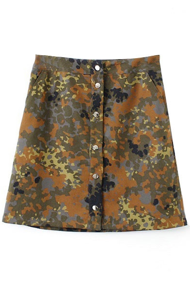Camouflage Print Button Denim Mini Skirt