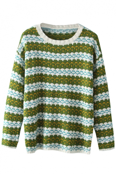 Colorful Striped Round Neck Long Sleeve Sweater