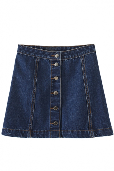 Navy Button High Waist Denim A-Line Skirt