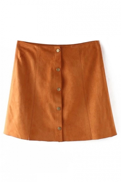Plain High Waist Single-Breasted A-Line Mini Skirt
