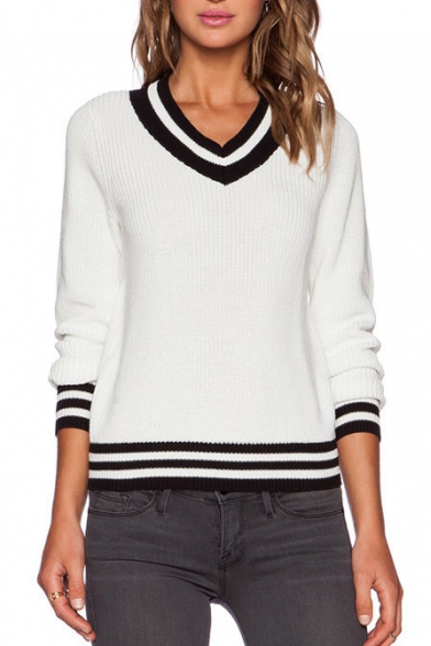White Striped Trimmed Long Sleeve V-Neck Sweater