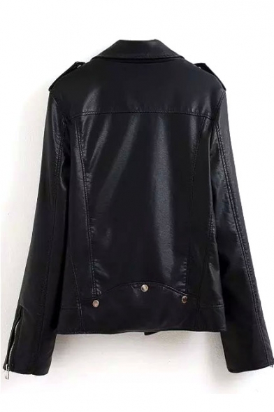 Black Notched Lapel Long Sleeve Biker Jacket - Beautifulhalo.com