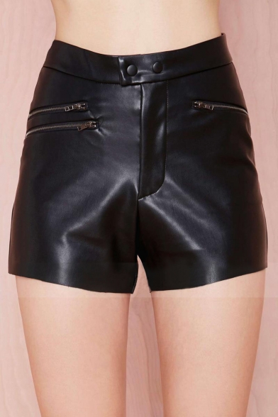 Plain Button Zip Detail PU Hotpant Shorts