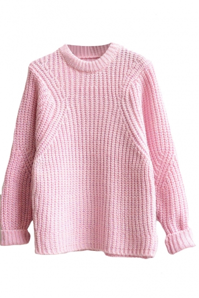 Plain Long Sleeve Mohair Round Neck Sweater