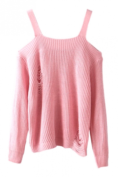Plain Off The Shoulder Ripped Long Sleeve Sweater - Beautifulhalo.com