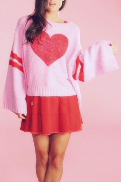 Red Heart Pattern Flare Long Sleeve Loose Sweater