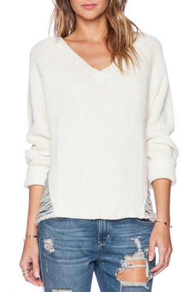 White V-Neck Long Sleeve Ripped Sweater