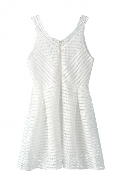 Plain Striped Cutout V-Neck Sleeveless Lace Dress - Beautifulhalo.com