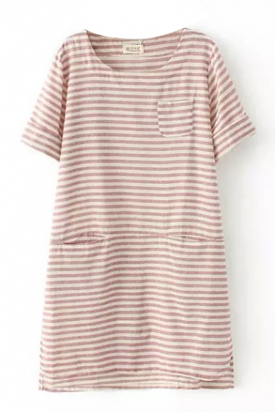 Short Sleeve Round Neck Stripe Print Three Pocket Shift Dress
