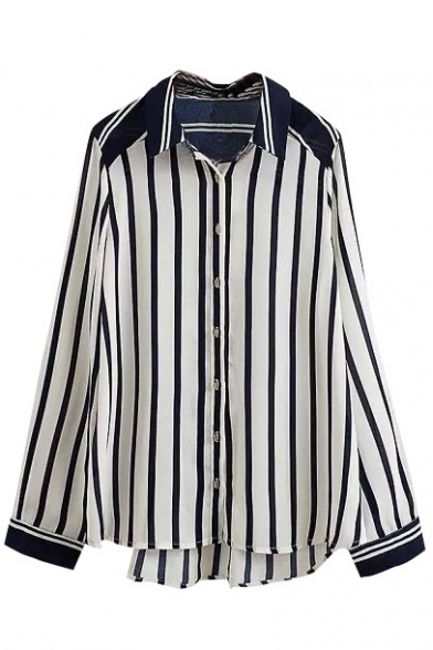 Stripe Lapel High Low Long Sleeve Shirt - Beautifulhalo.com